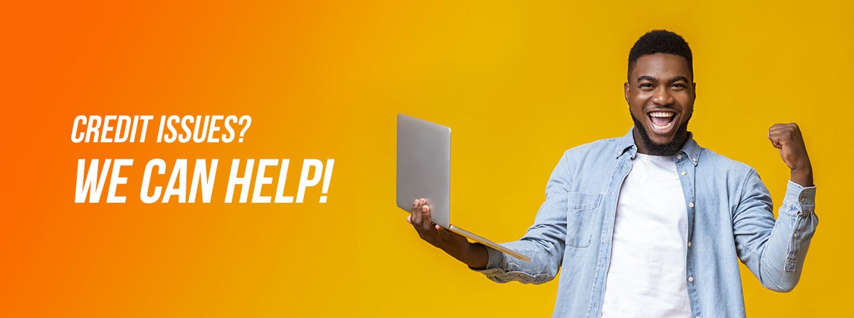 banner image of a man holding a laptop and white text that says 'Credit Issues? We can help!'